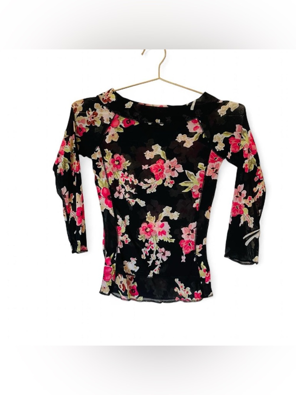 Vintage Y2K Black Floral Mesh Top – Sheer Romantic Spring Layer – Size S